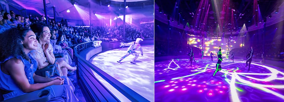 Espectáculo coreográfico de patinaje sobre hielo iluminado con tecnología de luces led en el teatro del barco.