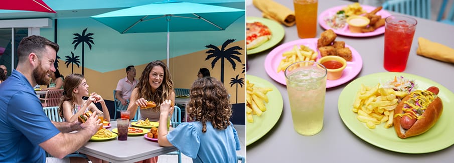 Familia compartiendo un almuerzo casual con hamburguesas, hot dogs y pizzas a bordo de un crucero.